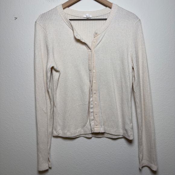 aerie Sweaters - Aerie‎ Women Preppy Cardigan Sweater Large Cream Ribbed Knit Shimmer Coquette